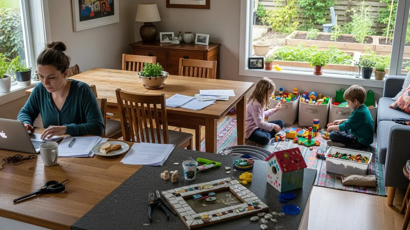 Home 9 Busy mom doing DIY craft project with kids playing and building with toys in organized family home with plants and natural light